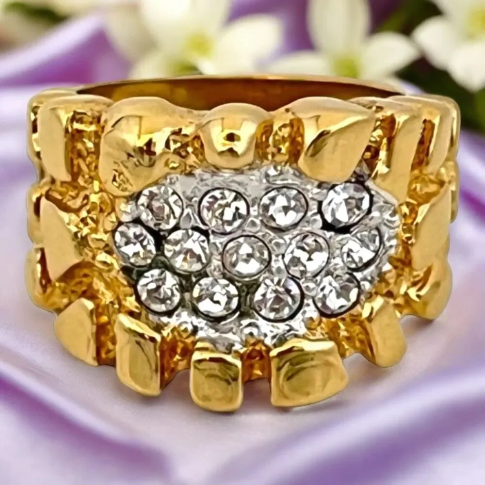 Vintage 1970s Nugget Ring Crystal Accents 14K Gold Plate Mens Size 9 - 5J
